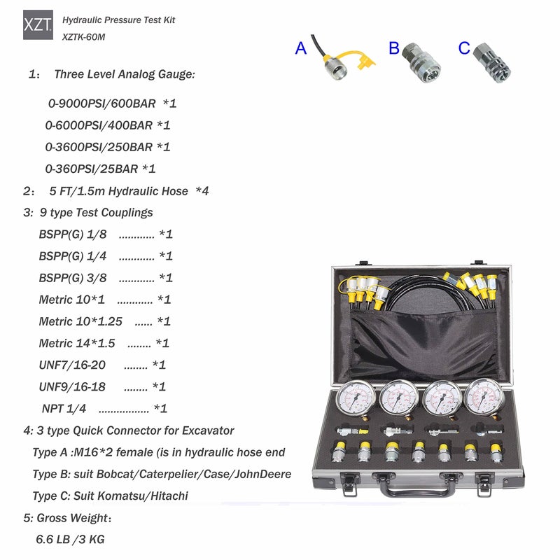XZT 60M Hydraulic Pressure gauges Set,Test Hose,Hydraulic Pressure Test Coupling Kit,Hydraulic Repair Tools for USA,European,Japanese Brand Excavator Construction Machinery - Image 4